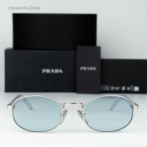 Prada Men Sunglasses Silver Azure Oval PRB53S 1BC40N NEW AUTHENTIC - Picture 1 of 14